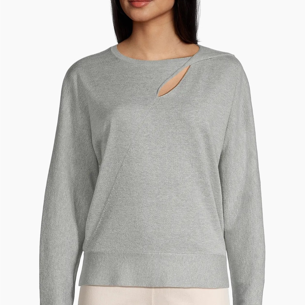 NIC+ZOE Light Gray Crewneck Sweater with Shoulder Cutout